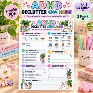 Aufräum-Challenge für ADHS: Druckbare 7-Tage-Checkliste, Fortschrittsanzeige, A4/US Letter PDF