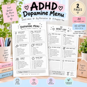 Utskrivbar dopaminmeny för ADHD, återställningslista, motivations- och fokusplanerare i PDF-format