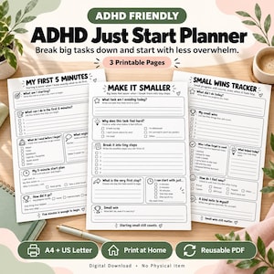 以下が含まれることがあります： ADHD Just Start Planner、My First 5 Minutes、Make It Smaller、Small Wins Trackerと題された3枚の印刷可能なプランナーページ。白いシートには黒いテキスト、チェックボックス、タスク管理や目標追跡用の線が記載されています。