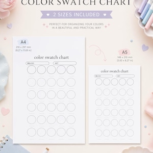 Könnte beinhalten: Zwei weiße Farbmusterkarten, A4-Größe (210 x 297 mm) und A5-Größe (148 x 210 mm), mit dem Text "COLOR SWATCH CHART". Jede Karte hat Kreise für Farbmuster und Platz für Marken- und Setnamen. Der Text lautet "PERFECT FOR ORGANIZING YOUR COLORS IN A BEAUTIFUL AND PRACTICAL WAY."