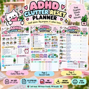 ADHS-Aufräumplaner zum Ausdrucken, Checkliste zum Ausmisten, Leitfaden für Haushaltsorganisation und Entscheidungsfindung, A4/US Letter PDF