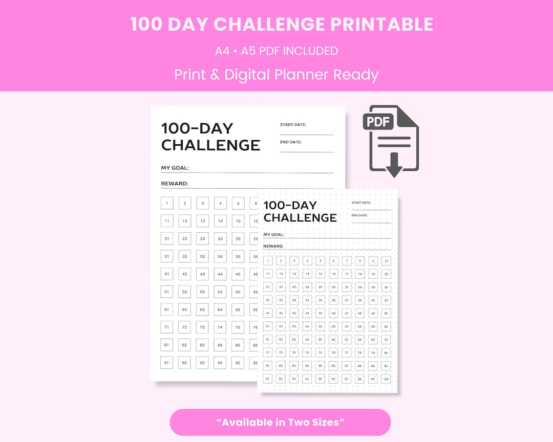100 Day Challenge Tracker Printable A4 A5, Dot Grid and No Dot Habit ...