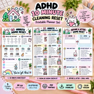 May include: A three-page ADHD 10-minute cleaning reset printable planner set in A4 and 8.5 by 11 inch sizes. The pages feature pastel-colored illustrations of houses, cats, and rainbows with checklists for kitchen, bedroom, and living room tasks.