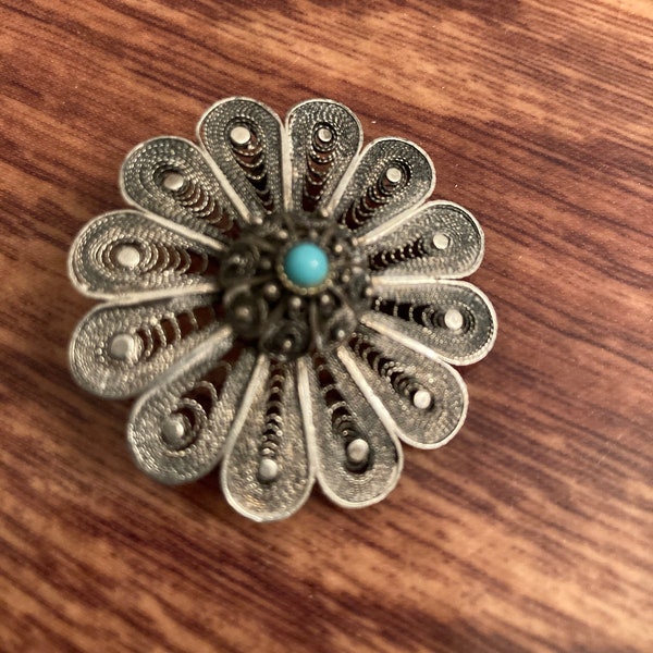Vintage Israel sterling and turquoise spiral southwest brooch, sterling filigree peacock style brooch, sterling cone flower brooch