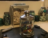 Nice Antique Heavy Tobacco Cigar Humidor glass Jar with Triple Chrome Metal Lid 9 tall w lid 5 1 2 wide scratches ding Clear Paneled
