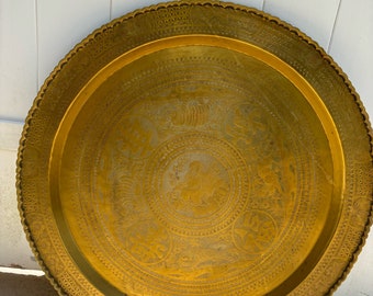 Antique 1930s Zodiac Chinese Buddha Table Tray 30”, Brass