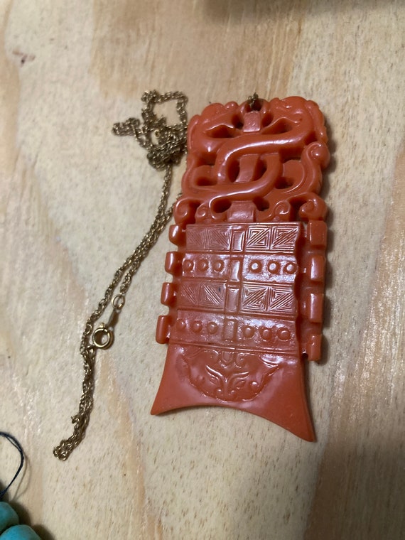 Vintage Archaic cinnabar dragon pendant, vintage A