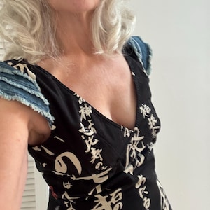 Vintage 1990s YK2 Designer Runway Summer Moschino dress, Rare   Moschino oriental graphics Jeans ruffle , side zipper, size S, bust 34 B