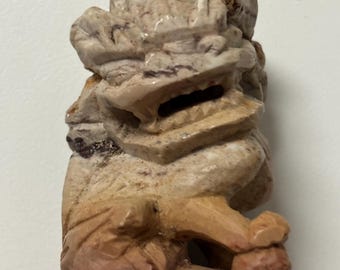Mid century carved stone fu dog guardian statue, 1960s foo dog temple guardian lion, carved stone mini statue