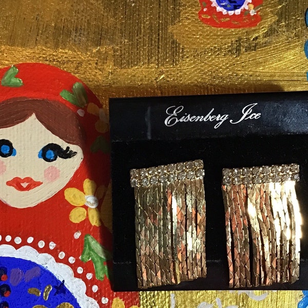 New Vintage Eisenberg goldtone earrings fringe, gold plated metal fringe rhinestones new old stock unique  1” x 3/4” GORGEOUS MINT EUC