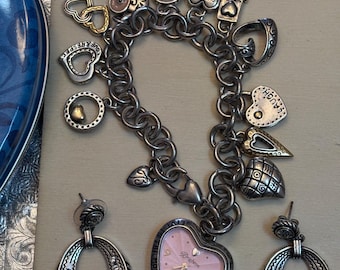 Brighton Ladies Love Hearts Watch, vintage Ladies Brighton Silver Heart Charm Wrist Watch in Box, Preowned,  Brighton Concha Earrings BONUS