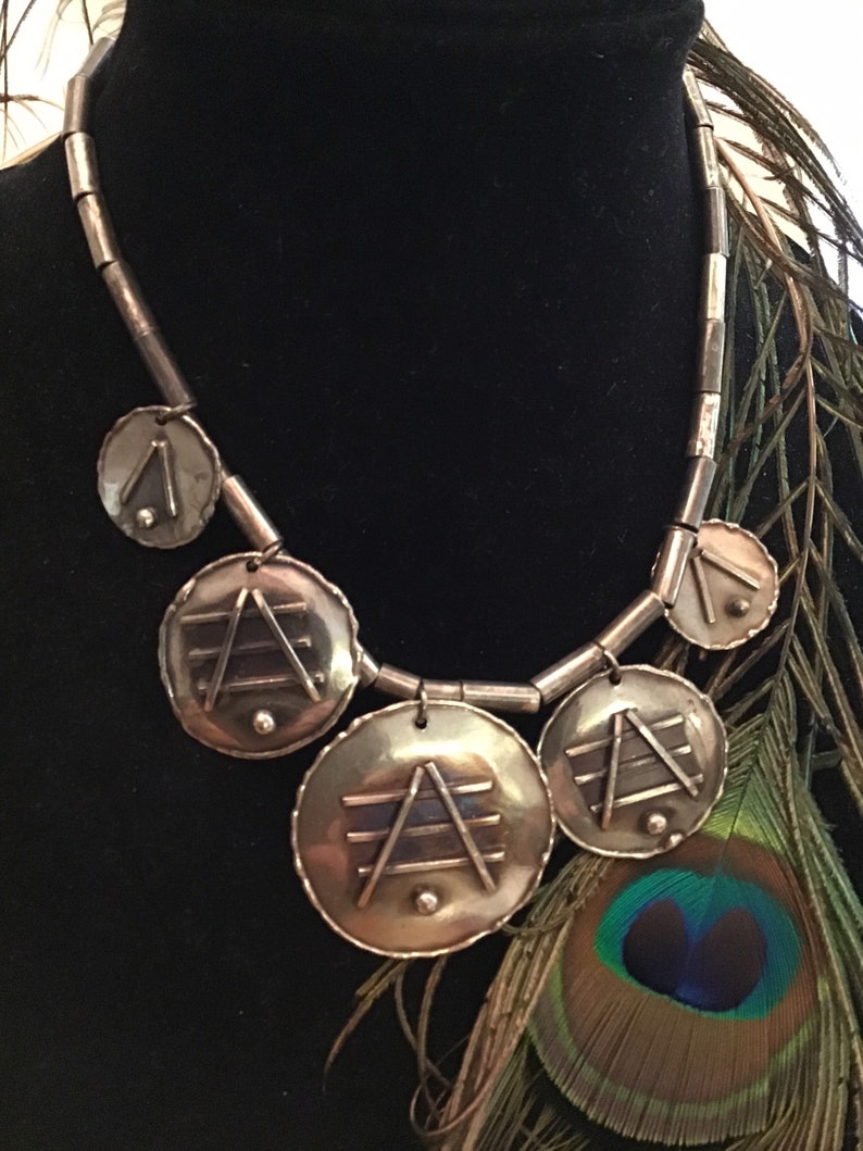 artesian abstract silver necklace Vintage industrial silver metal necklace handmade heavily chased silver necklace