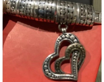 Vintage  Brighton  Bracelet in Brighton Box, Brighton Silver double Heart Charm , Cable Slider Brighton Bracelet 6.5”, #vintageBrightonHeart