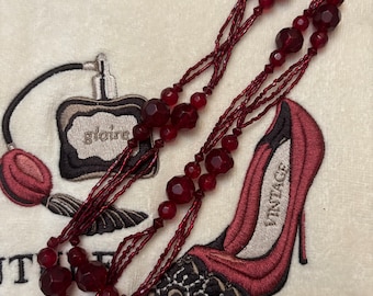 vintage  cranberry red  glass beaded flapper glass necklace, 40” painted glass, 1960s  crimson red glass long necklace 40” 50 percent off