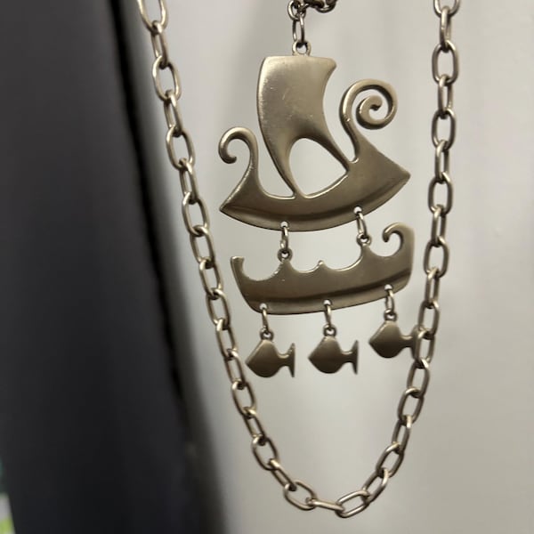 MCM RUNE TENNESMED Sweden Pewter Viking Ship Boat Pendant, Modernist Swedish Viking Ship Pendant