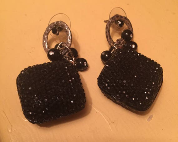 black square sparkle earrings , vintage black squ… - image 5