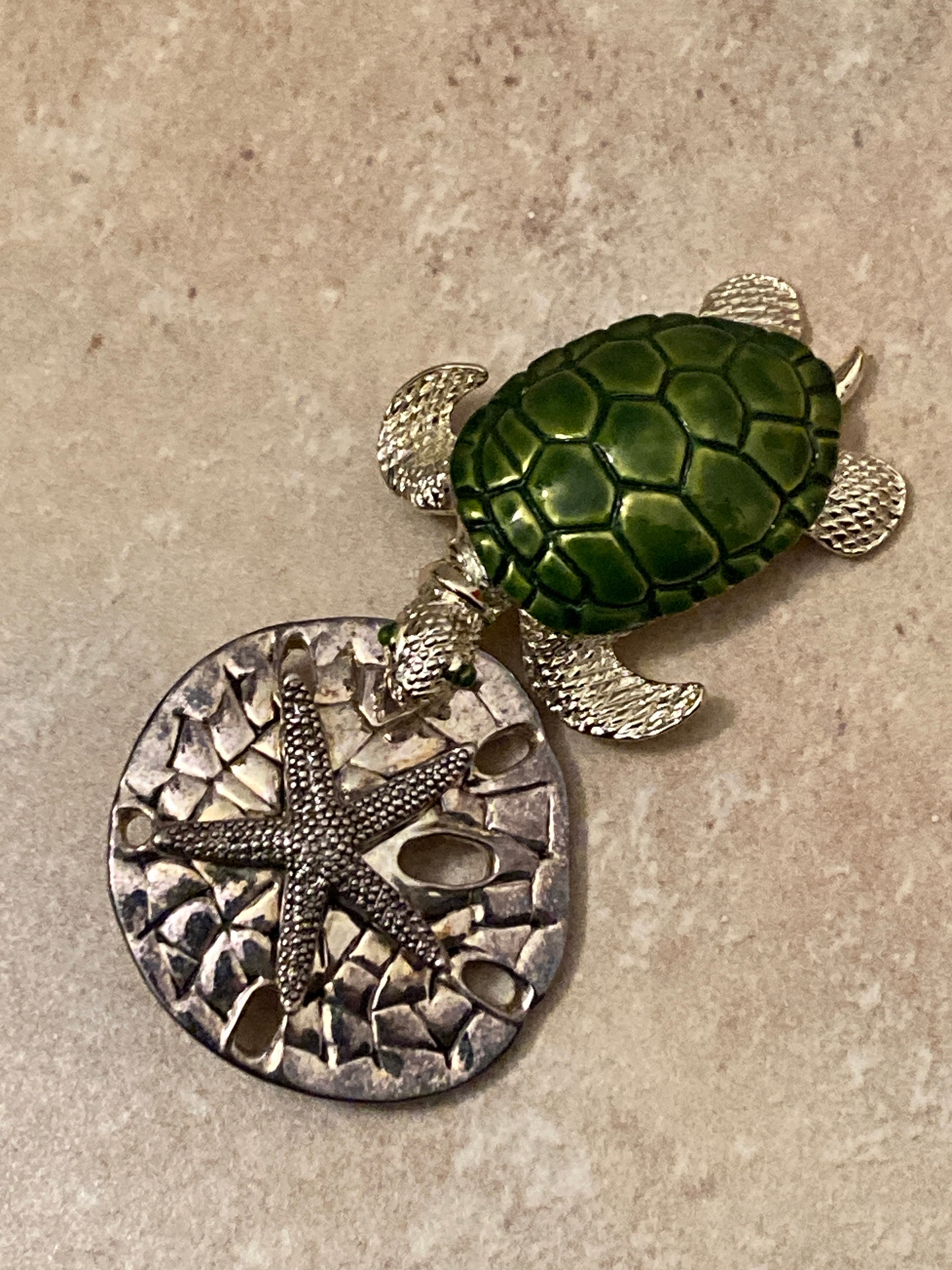 Vintage Sea Turtle Stamped MJ, Green Enamel Turtle, Vintage Silver