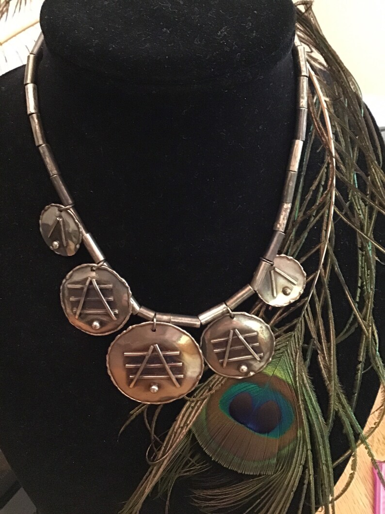 artesian abstract silver necklace Vintage industrial silver metal necklace handmade heavily chased silver necklace