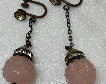 Pendientes colgantes de cuarzo rosa tallado en plata antigua, piedras de poco menos de 1/2"