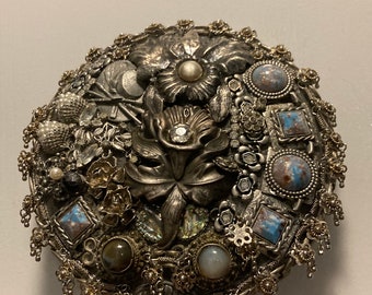 Silver rhinestone jeweled hand mirror, antique rhinestone mirror, jeweled hand mirror, luxury diva gift, opalescent gemstone handmirror