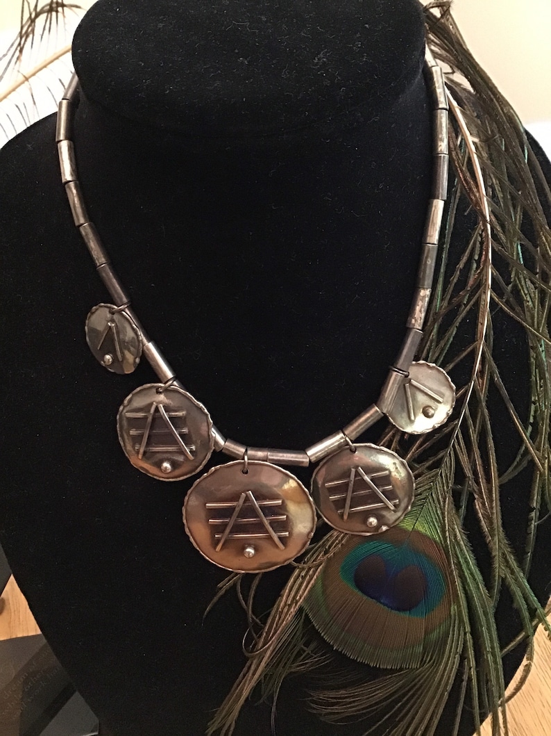 artesian abstract silver necklace Vintage industrial silver metal necklace handmade heavily chased silver necklace