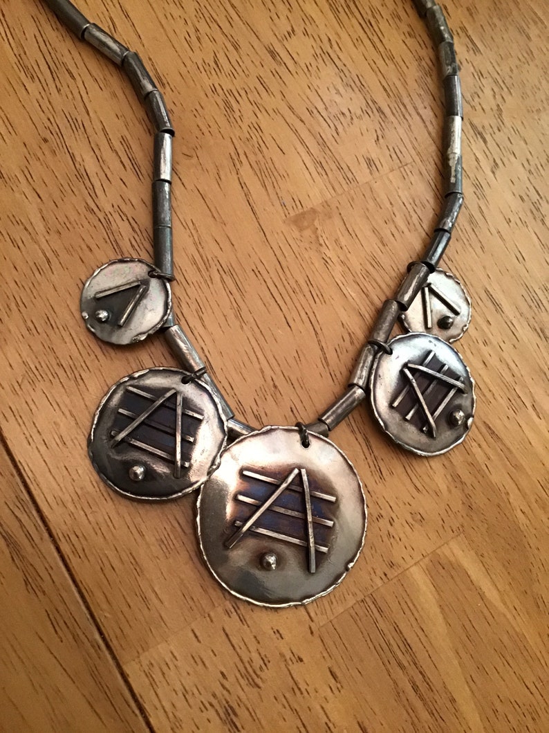 artesian abstract silver necklace Vintage industrial silver metal necklace handmade heavily chased silver necklace
