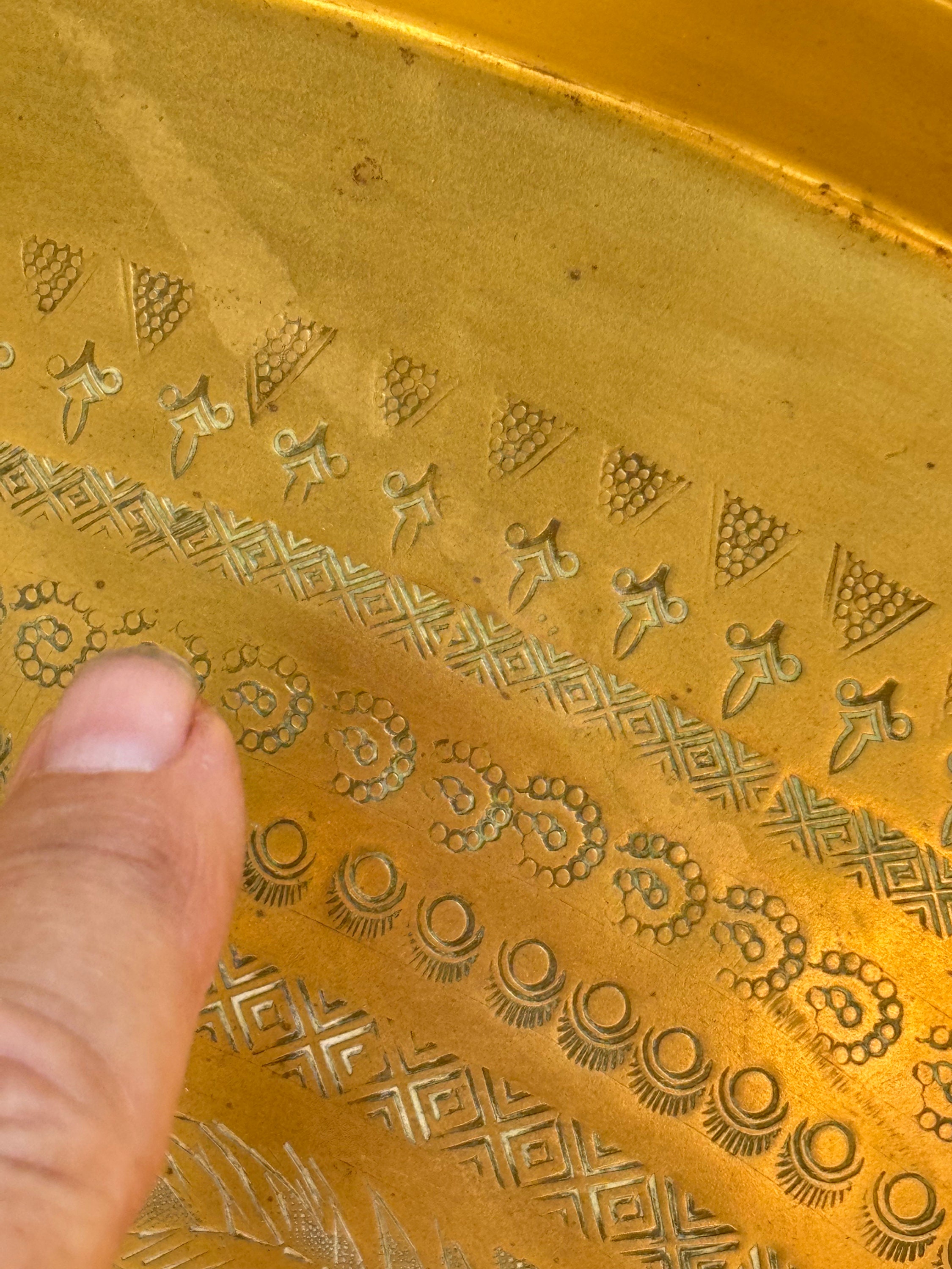 Antique 1930s Zodiac Chinese Buddha Table Tray 30”, Brass