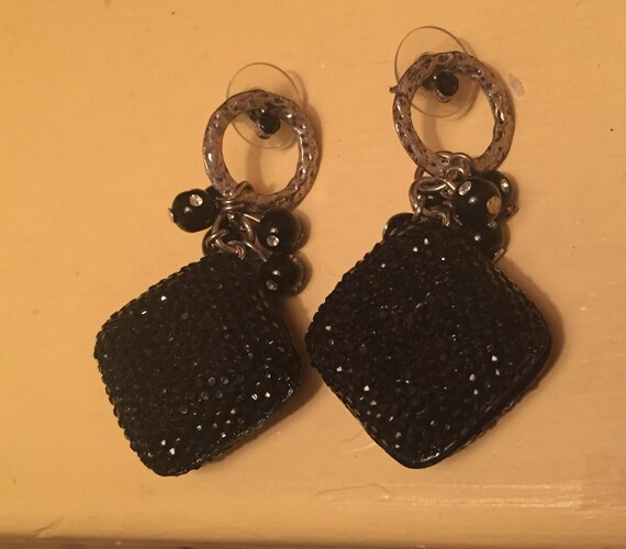 black square sparkle earrings , vintage black squ… - image 3