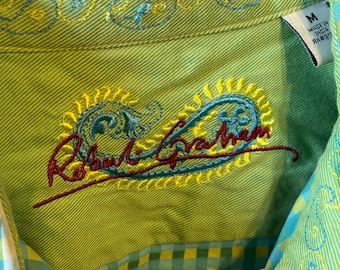 womans Robert Graham Blouse Medium Designer, Darts Summer Plaid, Blue Green White, PRETTY Robert Graham Neon Green