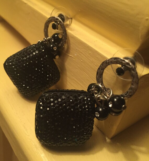black square sparkle earrings , vintage black squ… - image 1