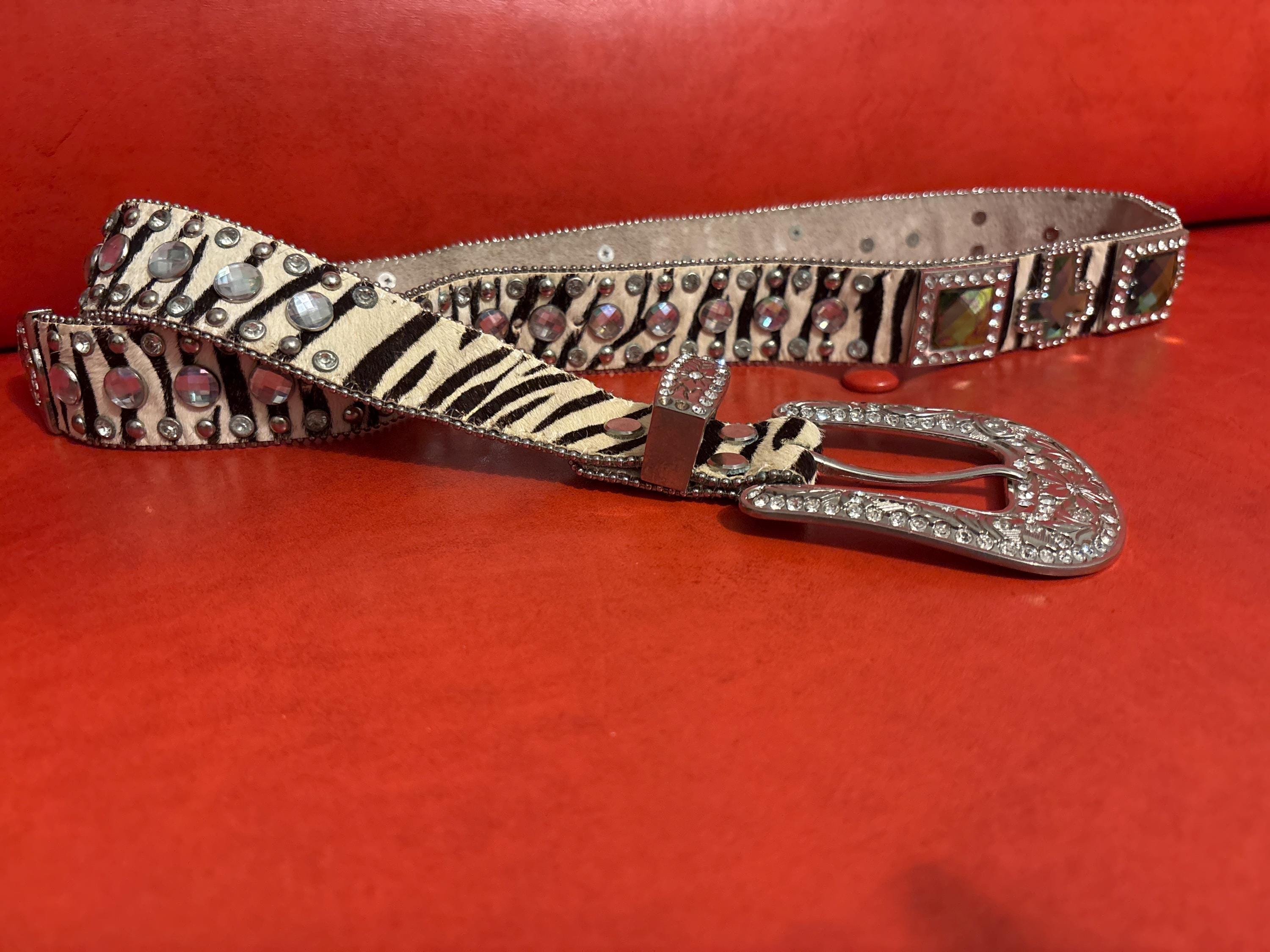 Vintage Zebra Rhinestone Belt 42”, Zebra Print Leather  display picture 1