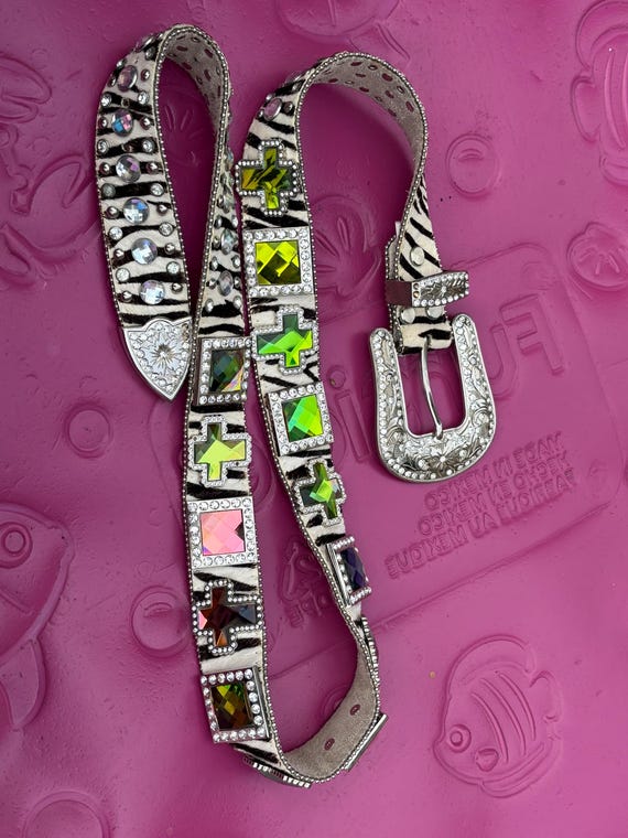 Zebra Pint Belt with Crosses and sparkles Ladies zebra leather belt with clear rhinestones, cross  main image 4