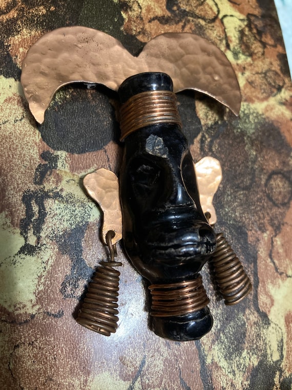 MCM rare copper ubangi tribal mask brooch, MCM Co… - image 1