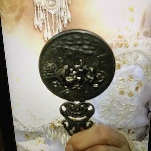 Antique Scandinavian Hans Jenson Colonial  repousse  hand mirror,  1950 Denmark colonial hand mirror, 4” L x 2 3/4”, vintage colonial scene