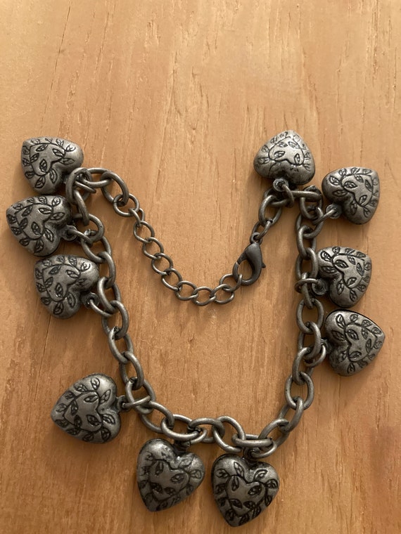 Vintage antique pewter heart charm bracelet, vint… - image 1