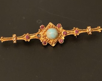 Vintage Victorian revival  bar pin faux garnet stones, missing one stone, vintage robins egg Victorian Style bar pin