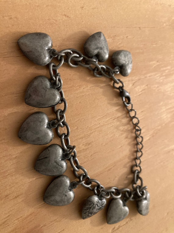 Vintage antique pewter heart charm bracelet, vint… - image 6