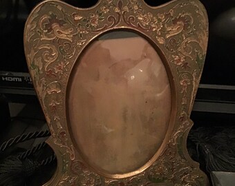antique  bronze victorian art nouveau enamel hinged frame,  measures 6 x 4,  easel stand back stamped AMW 24 KT Goldplate USA