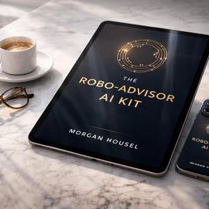 Peut inclure: Une tablette numérique et un smartphone affichent "THE ROBO-ADVISOR AI KIT" en texte doré sur fond sombre. Une tasse de café, une soucoupe et des lunettes sont sur une surface en marbre.