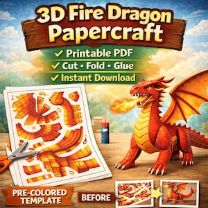3D Fire Dragon Papercraft Template, Pre-Colored Fantasy Creature (PDF Download)