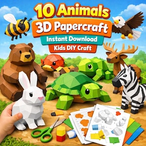 Puede incluir: Una imagen colorida que muestra 10 kits de manualidades de papel 3D de animales. La imagen presenta varios modelos de animales de papel, incluyendo un oso, un conejo, una tortuga, una cebra y una abeja. El texto "Descarga instantánea" y "Manualidades para niños" también son visibles.