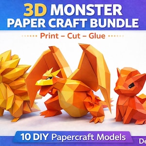 May include: A 3D Monster Paper Craft Bundle featuring three geometric paper models of monsters in shades of orange and yellow. The models are labeled "Print - Cut - Glue" and the image includes the text "10 DIY Papercraft Models."