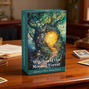Puede incluir: Una caja verde azulado de cartas del tarot "Witches of the Moonlit Forest". La caja presenta una colorida ilustración de un árbol con un portal brillante. El texto en la caja dice "Un mazo tranquilo para escuchar lo que ya sabe."