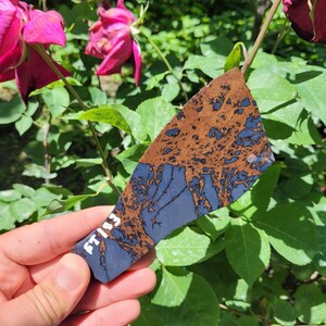 May include: A flat, irregularly shaped piece of polished stone featuring a distinct pattern of dark blue and copper-brown veins. The surface is smooth and displays a high-contrast, marbled appearance. The text FT183 is written in white on the stone.
