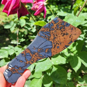May include: A flat, irregularly shaped stone specimen featuring a striking contrast between dark charcoal gray and warm, earthy brown sections. The surface displays a complex, web-like pattern of branching lines, with the text ET 181 written in white.
