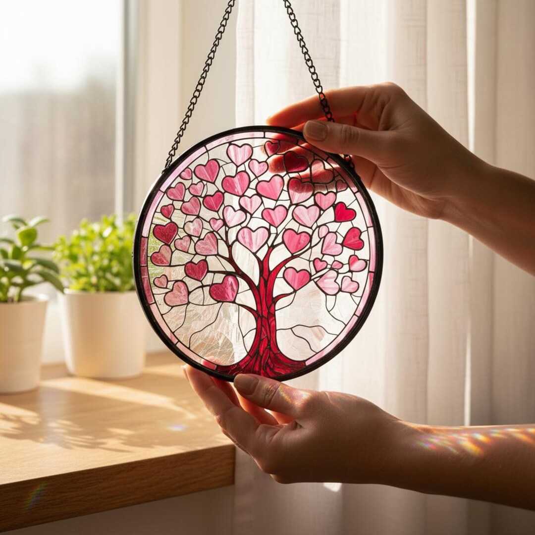 Pink Heart Window Stained Glass Window Hanging, Pink Love Heart Tree Suncatcher ...