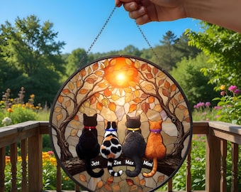 Atrapasueños personalizado con nombres de la familia de gatos - Adorno de vidriera para ventana, regalo para amantes de los gatos