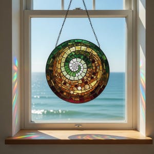 May include: A round stained glass window hanging in front of a window overlooking the ocean. The window features a spiral design with green, yellow, orange, and red glass pieces. It is suspended by a chain.