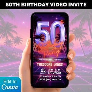 May include: A smartphone displays a 50th birthday party invitation with a retro design. The invitation features the number "50" in a metallic font, the words "Birthday Party", and event details. The background has a neon color scheme with palm trees.
