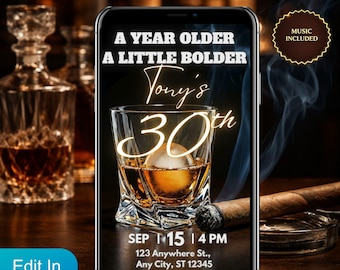 30e verjaardag video-uitnodiging voor mannen, geanimeerde whisky Bourbon Evite, Dirty 30 sms-uitnodiging
